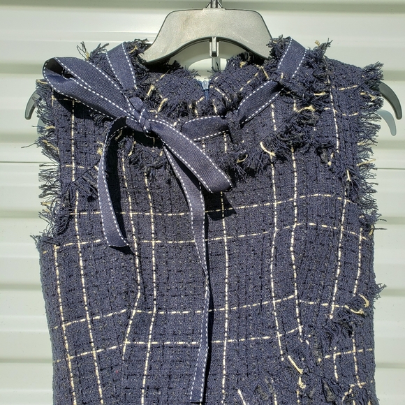 Onebuye Tweed Asymmetrical Sleeveless Raw Hem Blue Plaid Dress - Picture 4 of 14